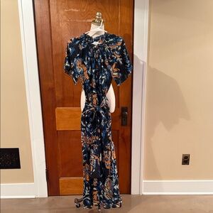 Apiece Apart Navy Floral Tie-Waist Jumpsuit with Rust Accents